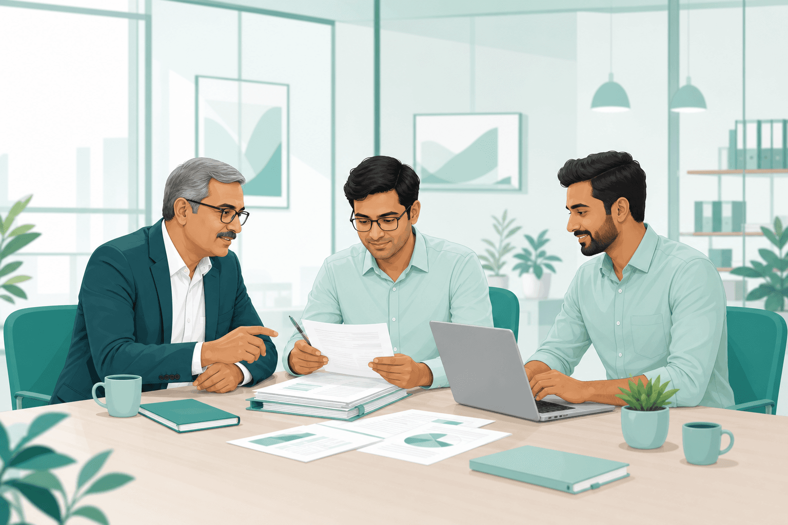 Illustration representing bankers, Chartered Accountants and engineers collaborating on MSME credit documentation